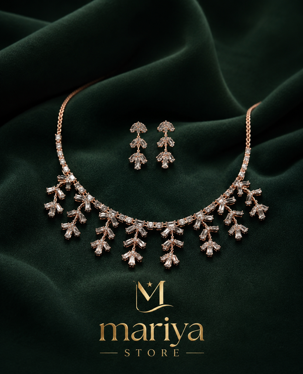 Rose Gold Crystal Fringe Necklace & Earring Set
