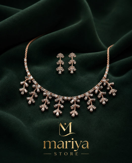 Rose Gold Crystal Fringe Necklace & Earring Set